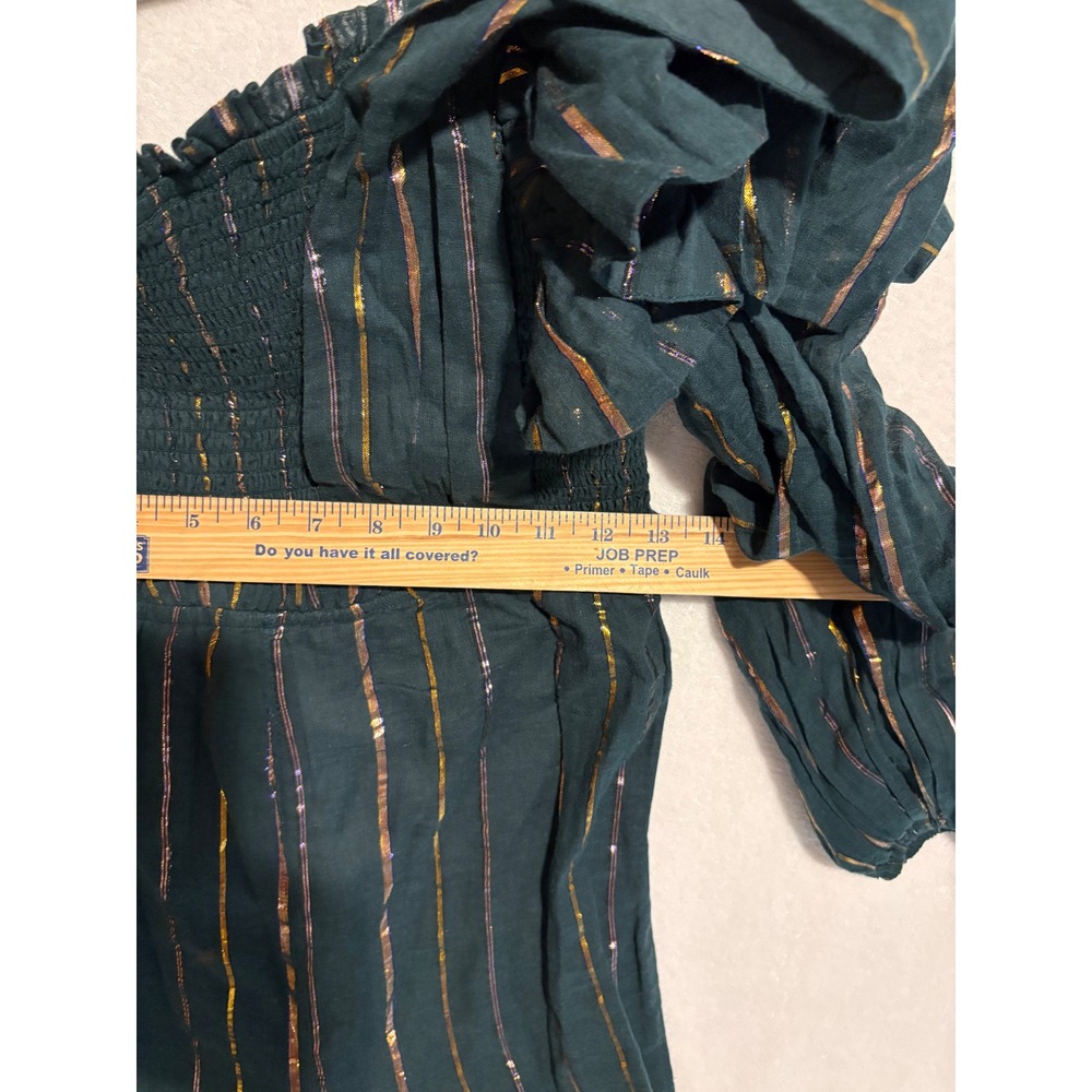 Farm Rio Anthropologie Green Metallic Striped One Shoulder Wide Leg Jumpsuit NEW - Picture 5 of 10
